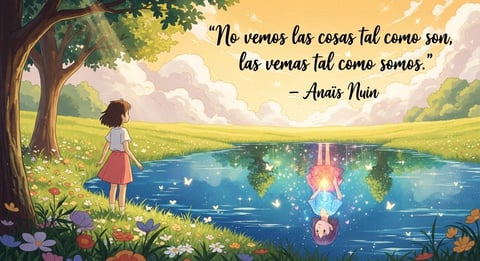 Young girl standing under a tree by a river, looking at magical reflections in the water, with a Spanish inspirational quote by Anais Nin