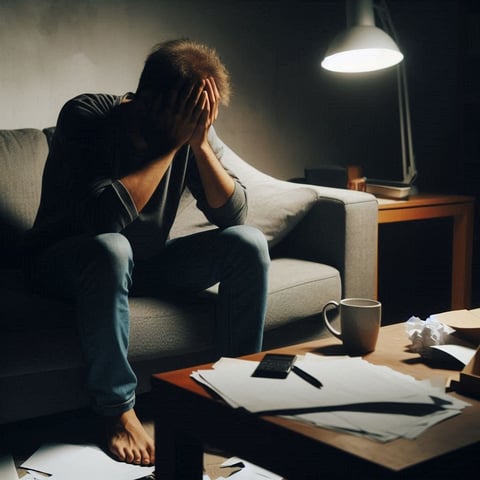 Person sitting on couch with head in hands, appearing stressed, surrounded by work papers and a desk lamp at night