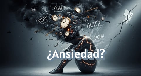 A silhouetted figure sitting with negative emotions exploding from their head including words like fear, anxiety, guilt and shame with clocks and lightning