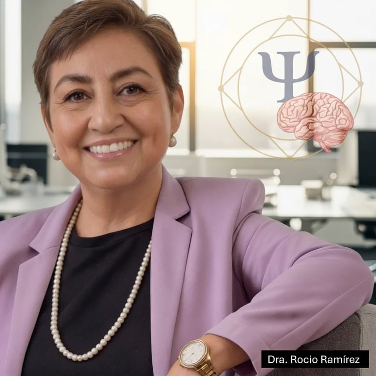 Professional headshot of Dra. Rocio Ramirez in a lavender blazer and pearl necklace, smiling in an office with psychology symbols in the background