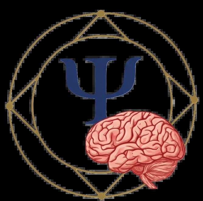 Psicología symbol combining the psi Greek letter in blue with a coral-colored human brain inside a gold geometric circle design